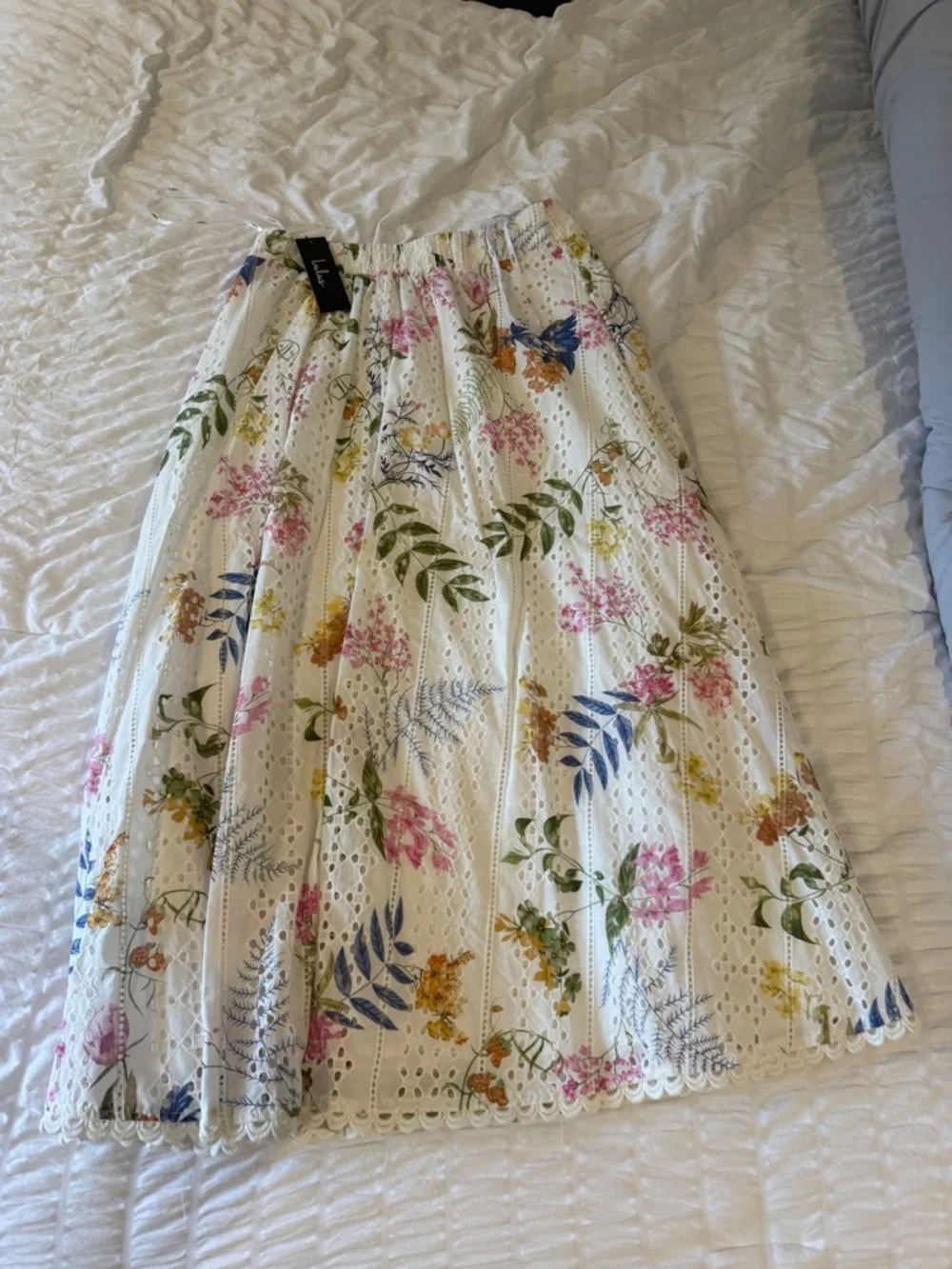 Lulu's White A-Line Eyelet Skirt with Pink, Blue & Yellow Floral Print - Picture 3 of 5